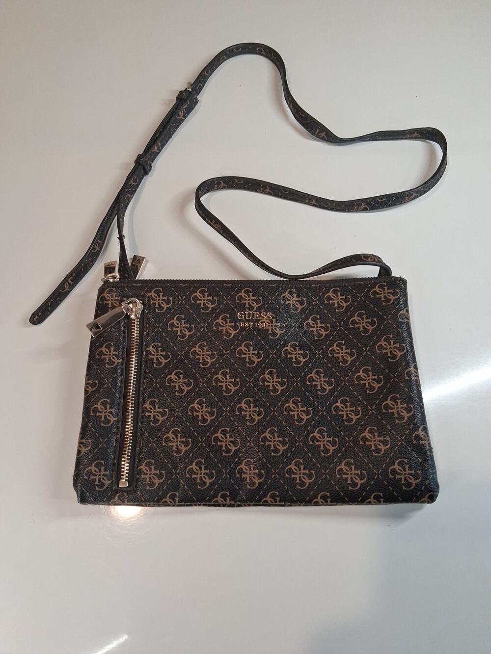 GUESS Naya Double Zip Crossbody Bag Brown Logo Signature